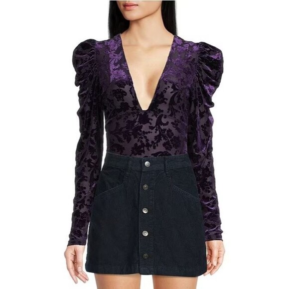 Free People XS Magic Hour Velvet Bodysuit Deep Sea Combo V-Neck Puff Sleeve NWT - Picture 6 of 16